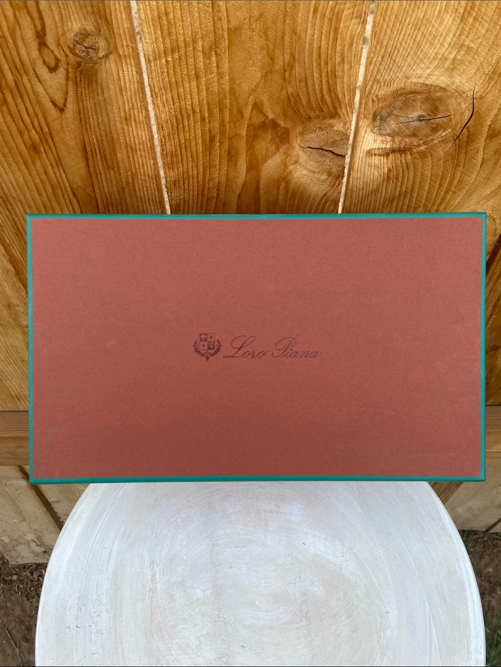 Loro Piana Shoe Box in Classic Rust w/ Turquoise Trim, 2 Dust Bags & Ribbon